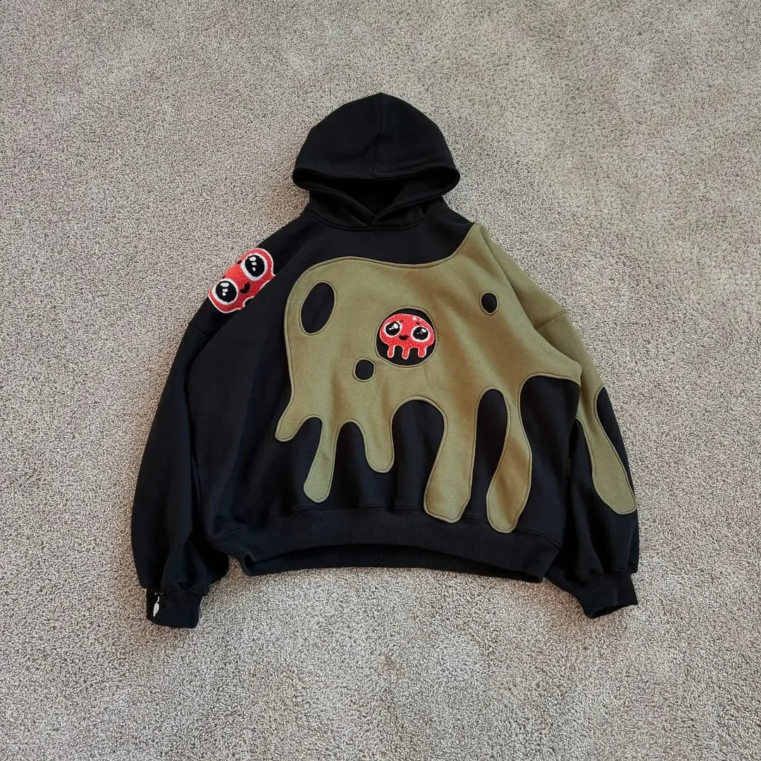 Gothic Casual Hooded Sweatshirt Retro Fashion Y2k High Street Cartoon Splicing Plus Size Harajuku Niche Couple Loose Top 250109
