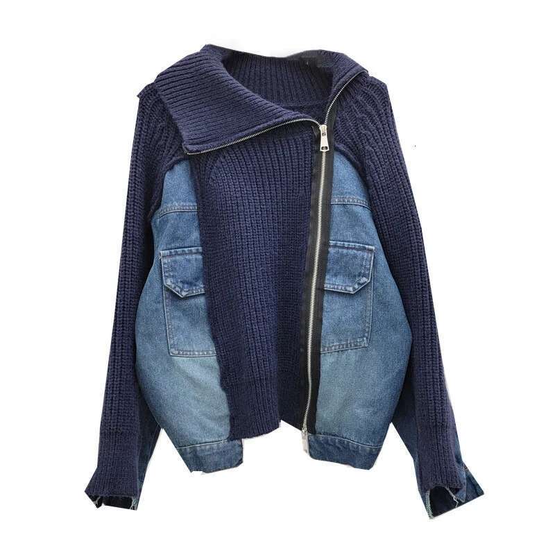 Fashion New Women's Irregular Stand Collar Knit Denim Coat Winter Trendy Long Sleeves Zipper Jacket Female