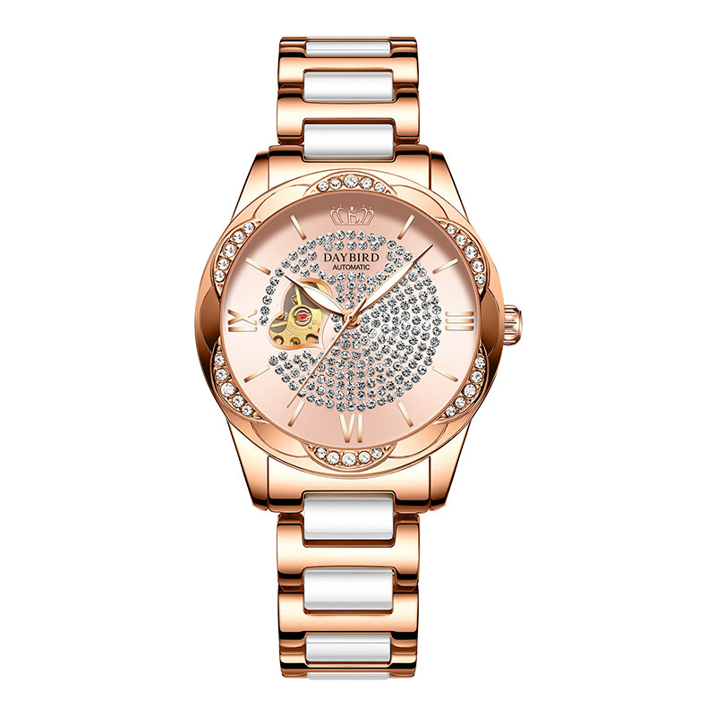 Women's Elegant Ceramic Strap Watch with Starry Sky and Heart Skeleton Design