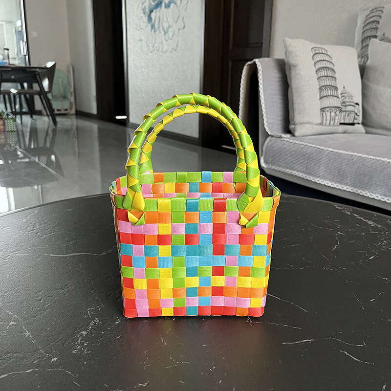 2024 Summer Fresh Color Matching Gift Handbag, Plastic Weaving Bag, Vegetable Basket, Beach Bag