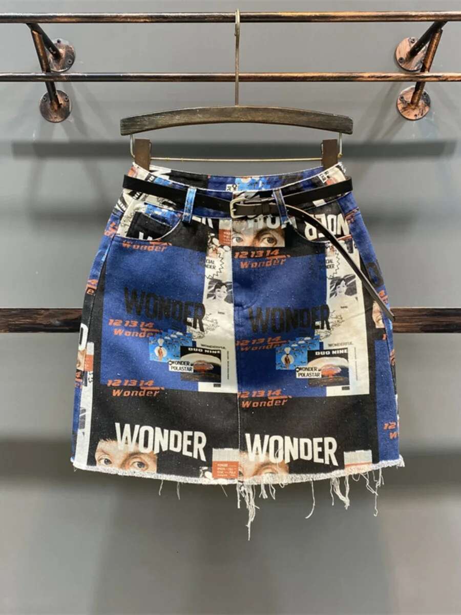 Korean Style Mini High Waist A- E Slim-Fit Sheath Skirt Female Summer Fashion Printed Pattern Denim Skirts For Women