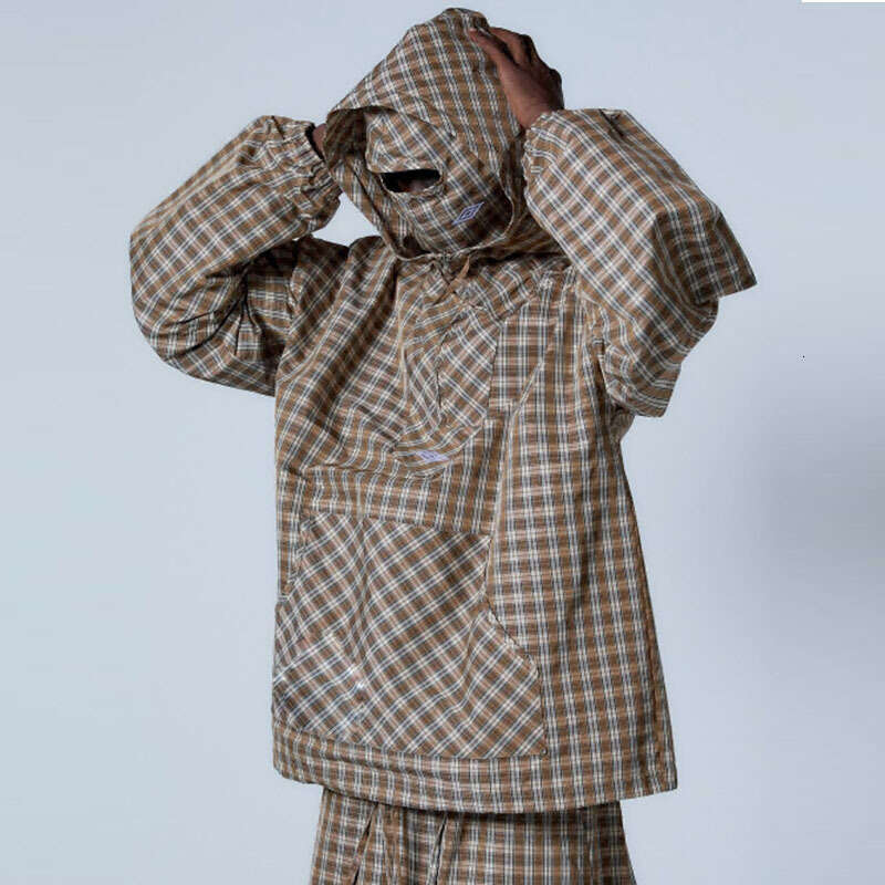 New semi open collar pullover jacket, men's and women's youth checkered double hat hooded sweatshirt