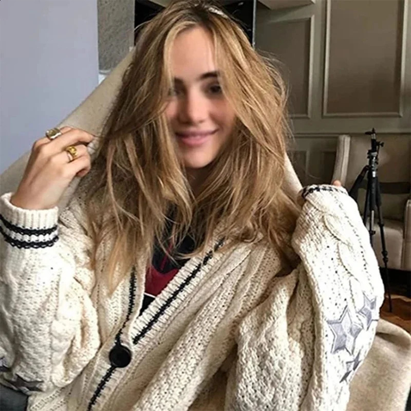 Winter Loose Knitted Cardigans Coat Star y Y2K Women Sweaters Streetwear Vintage Casual Single Long Sleeve Top 250113