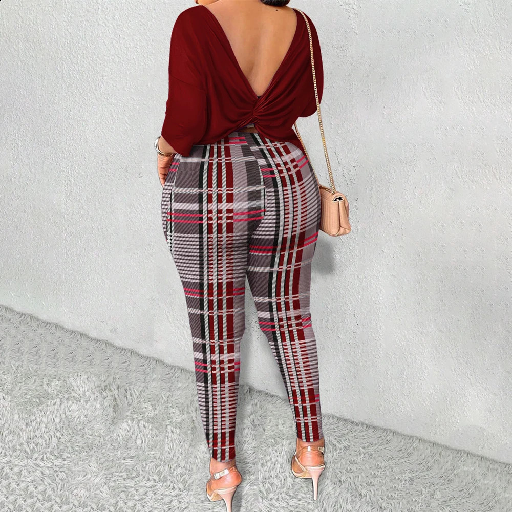 Women Clothing Winter Outfit Plus Size Long Sleeves Tops Plaid Print Pants Two Pieces Sets Autumn Chic Streetwear Fashion Suit 250106