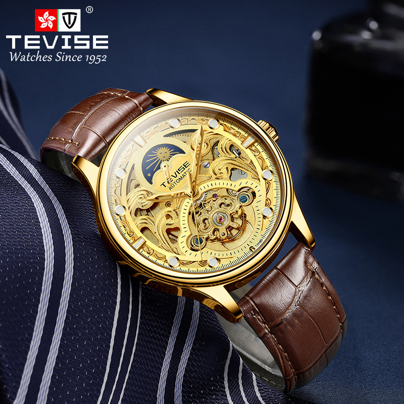 TEVISE Designer Watch Automatic Mechanical Watch Mens Watch Hollowed-out MoonWatch Business and Casual Leather Strap Waterproof Function T064-T820D