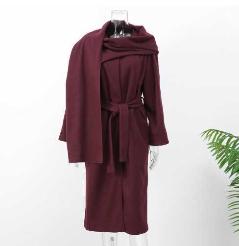 2024 new fashion temperament elegant street casual pure color with scarf woolen coat long