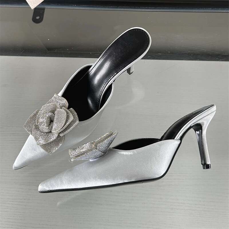 Eilyken Designer CRYSTAL Wer Silk Pointed Toe Women Slippers Fashion Thin Heels Party Dress Ladies Mule Shoes