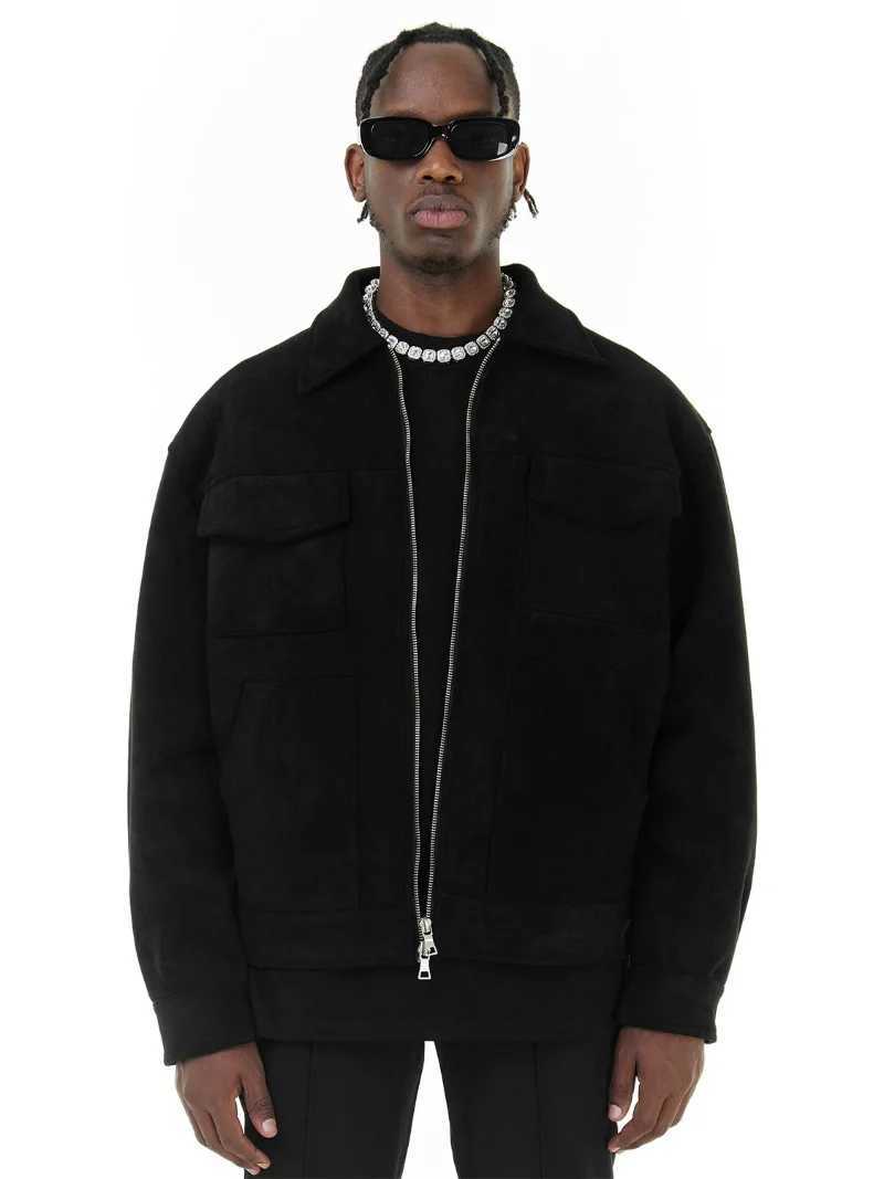Autumn Jackets Oversize Casual Clothes High Street Pockets Laper Zipper Suede Thick Coat Mens Windbreaker Loose X250113