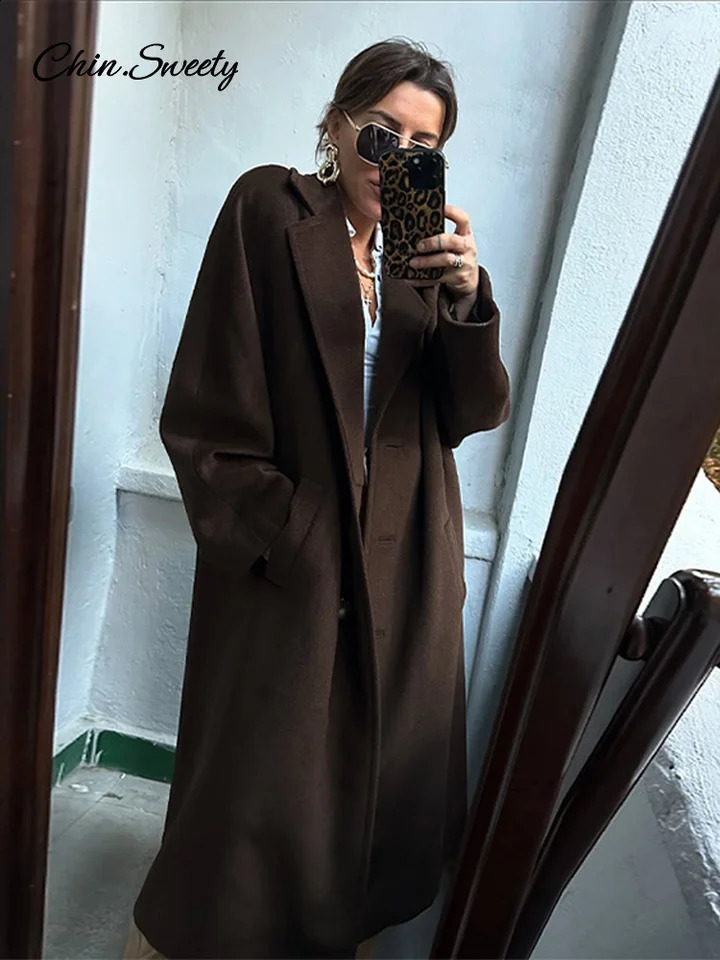 Fashion Woolen Long Coat Women Brown Single Breasted Sleeve Lapel Loose Jacket Female Spring High Street Outerwear 250102
