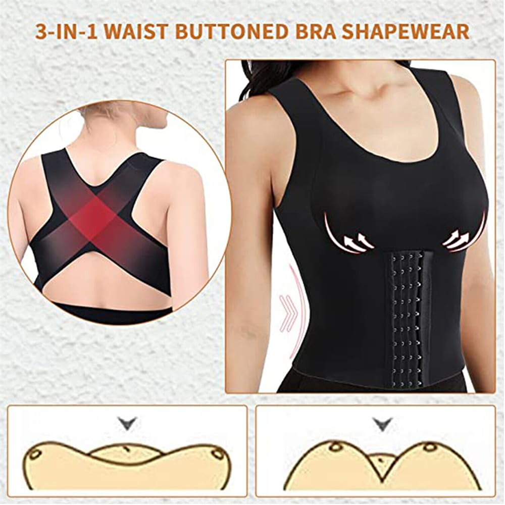 Women's 3 In 1 Waist Button Bra Styling Clothing Posture Corrector Weight Loss Cross Back Underwear Belly Sleeveless T-Shirt Ḁ