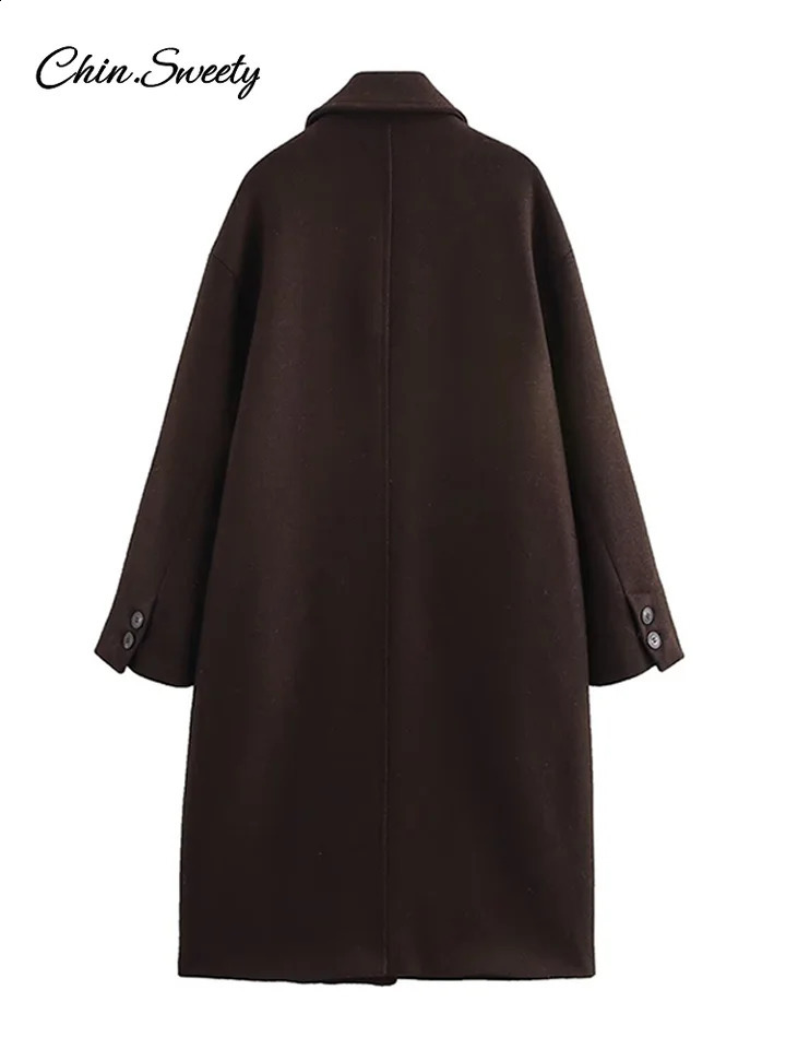 Fashion Woolen Long Coat Women Brown Single Breasted Sleeve Lapel Loose Jacket Female Spring High Street Outerwear 250102