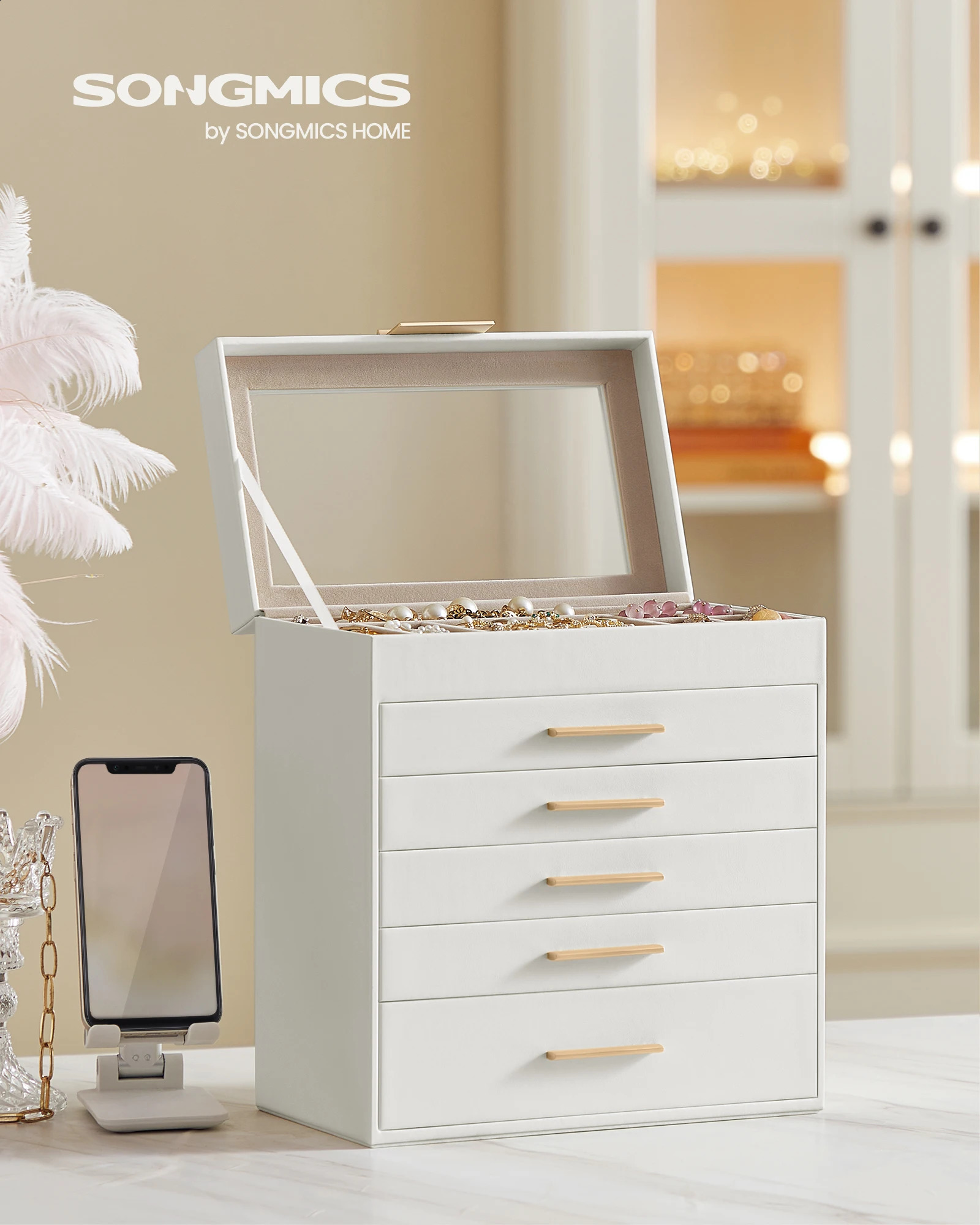 SONGMICS Jewelry Box with Glass Lid 6-Layer Jewelry Organizer 5 Drawers for Sunglasses Big Jewelry Jewelry Storage 250106