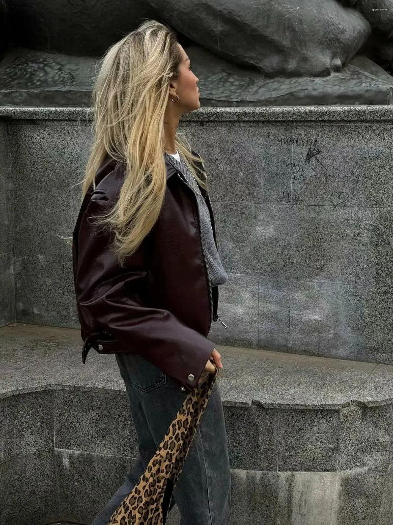 Womens Jackets Reddish Brown Faux Leather Jacket Outerwear 2025 Autumn Winter Turn-down Collar Thicken Zipper Lapel Pu Women Coats