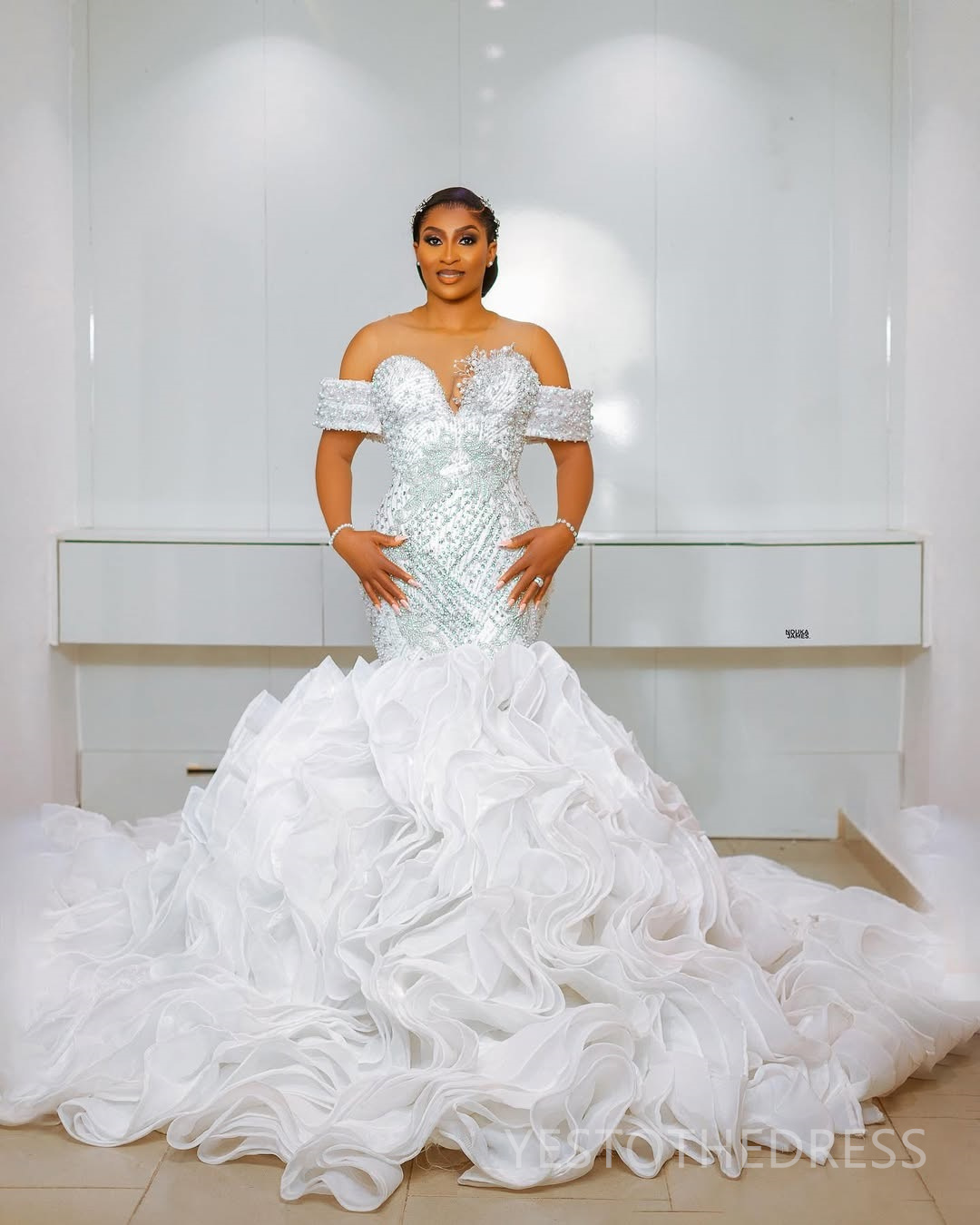 2025 Plus Size Aso Ebi Wedding Dress Bridal Gowns For Bride Mermaid Sheer Neck Long Sleeves Illusion Beaded Lace Tiered Organza Wedding Gowns For Blac