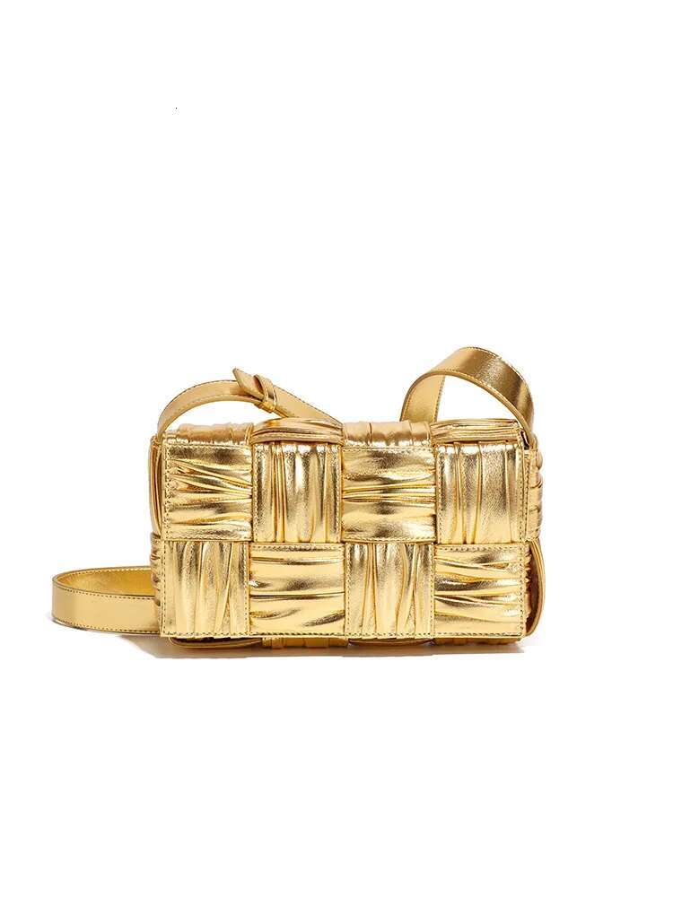 Factory High Quality High-End Entry Style Metallic Gold Woven Pillow Small Square Shoulder Messenger Bag