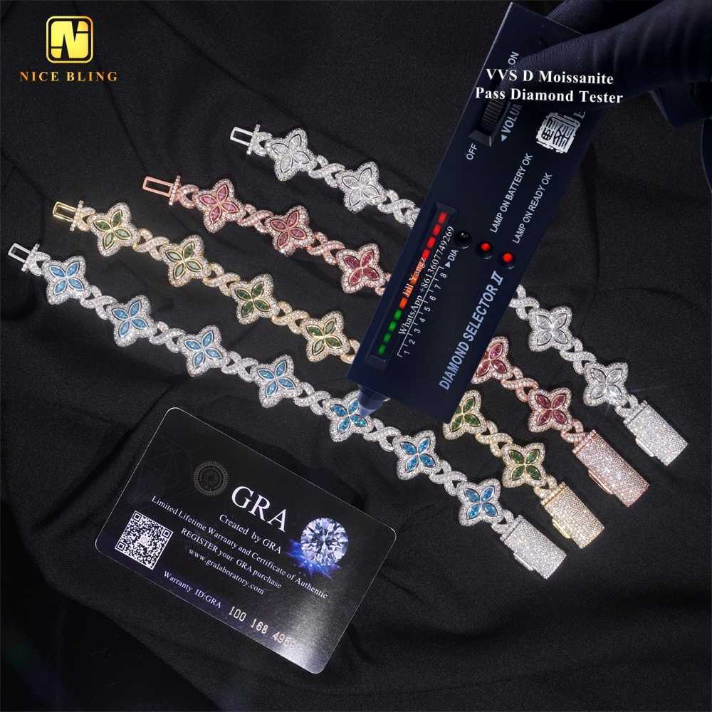 15 Options Colorful Moissanite Flower Cuban Bracelet Ready Stock Hip Hop Fancy Diamond Cuban Link Chain Moissanite 925 Silver