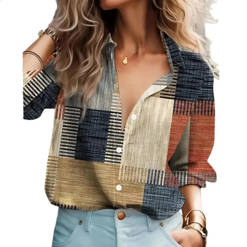 Women Fashion Plus Size 1XL5XL Casual Blouse Womens Patchwork Print Long Sleeve Button Up Lapel Collar Shirt Top 250102