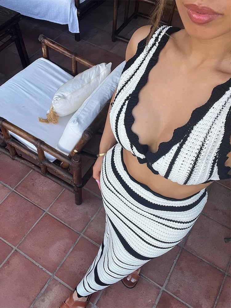 Trendix Striped Knitted Skiing and Bra Set Womens Sexy Backless Sleeveless Bikini Top Bohemian Party Elegant Knitted Long Evening Dress 250109