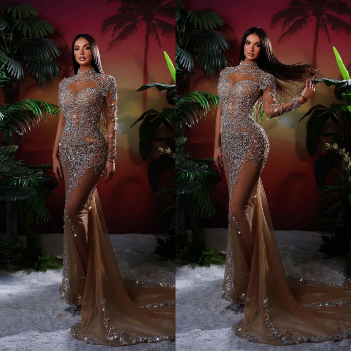 Sexy Evening Dresses For Women High Collar Long Sleeves Gown Crystal Sequins Appliques Sweep Train Customized Dress Party