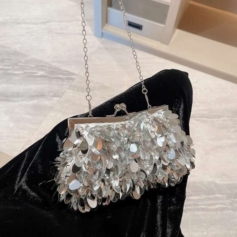 New In Designer Clutch Bag Mini Bucket Shiny Handbags And Purses For Women Sequin Crossbody Bags With Round Handle