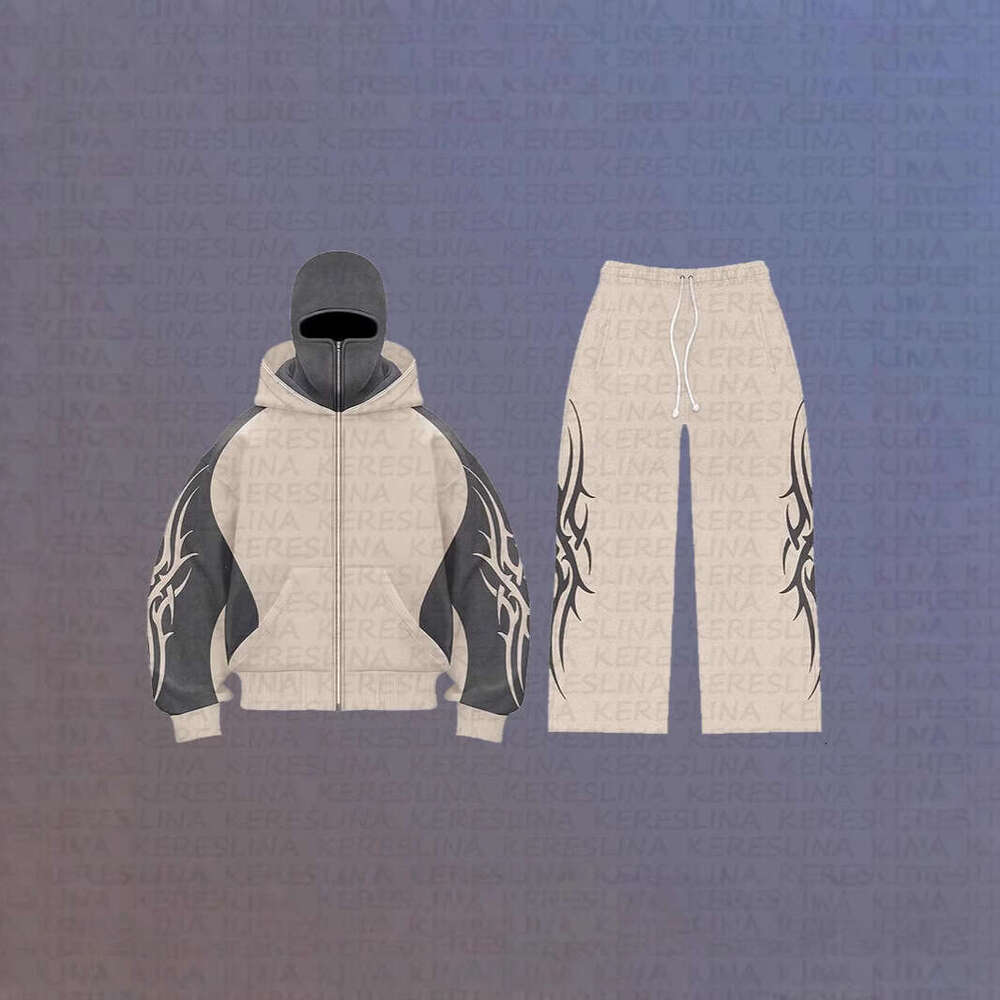 High street color blocked double hat design letter hooded cardigan autumn and winter loose Y2K hoodie set