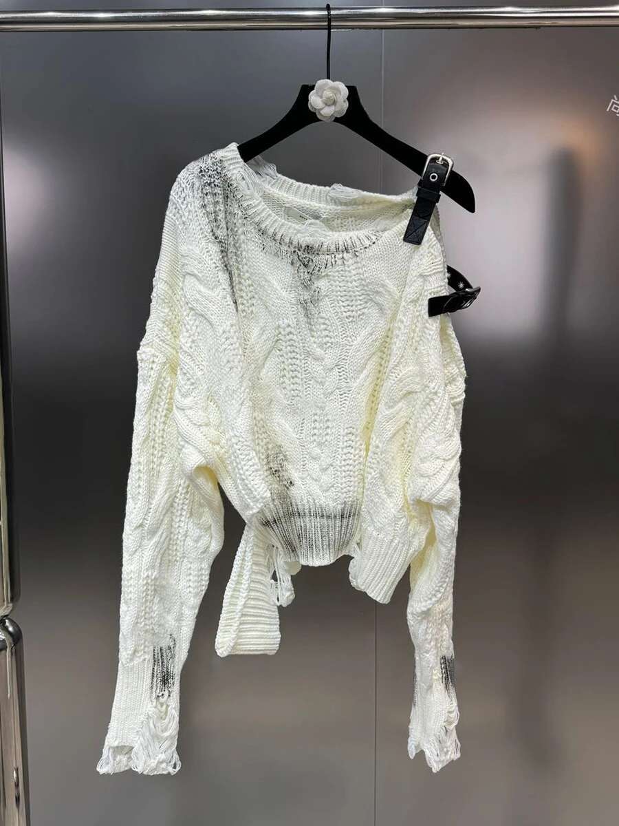 VGH Hit Color Hollow Out Loose Knit Sweater For Women Round Neck Long Sleeve Spliced Belt Pullover High Street Sweaters Female