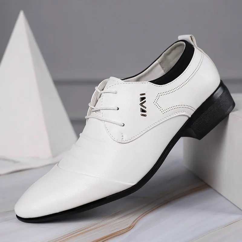 Classic mens shoelaces white leather shoelaces mens plus size dot toe business casual mens wedding shoesXJ250319
