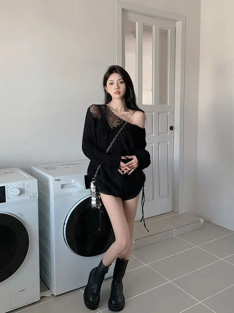 Sweater Women Mid-Length Loose Knitted Sweater Lazy One-Shoulder Off-The-Shoulder Top 250107