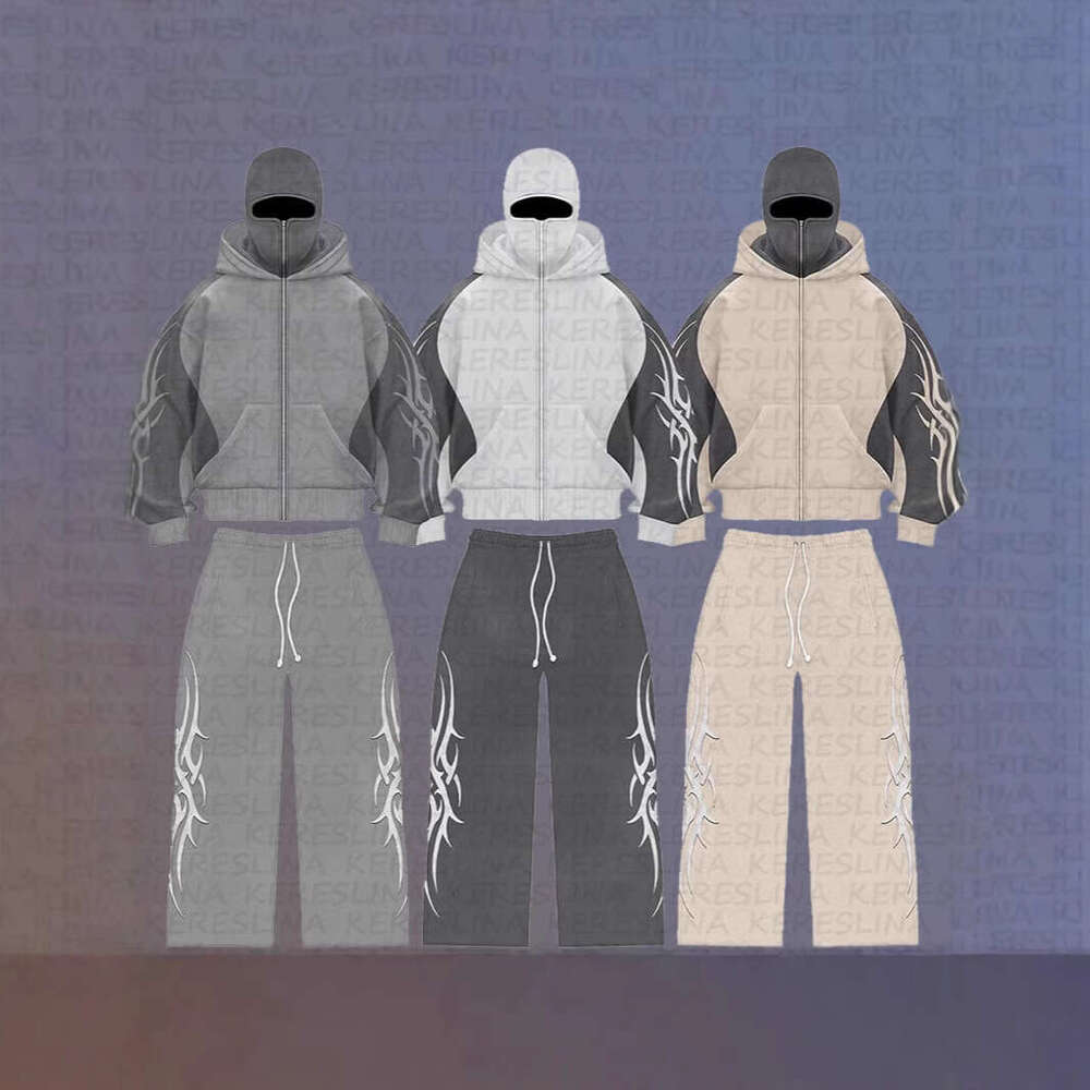 High street color blocked double hat design letter hooded cardigan autumn and winter loose Y2K hoodie set