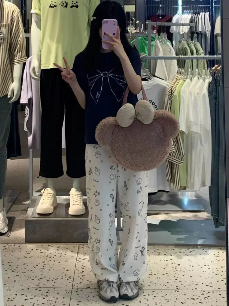 HOUZHOU Y2k Kawaii Sweet High Straight Pants Women Japanese Style Harajuku Cute Cartoon Print Loose Trousers Soft Girl 250102