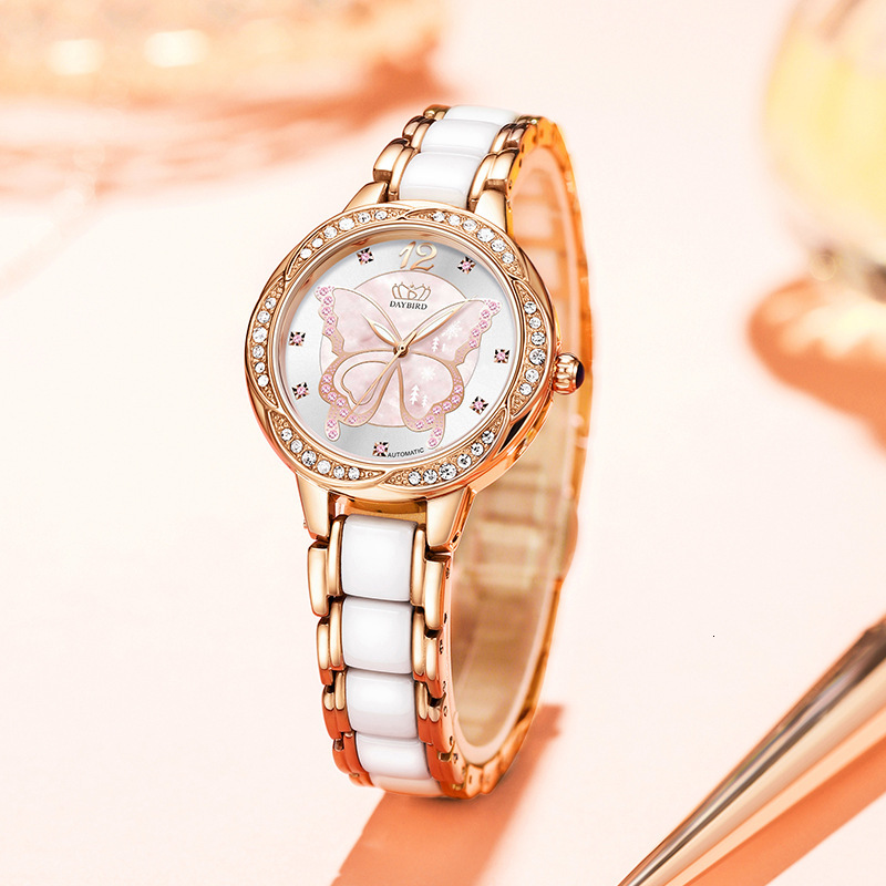 Women's Elegant Ceramic Strap Watch with Butterfly Design