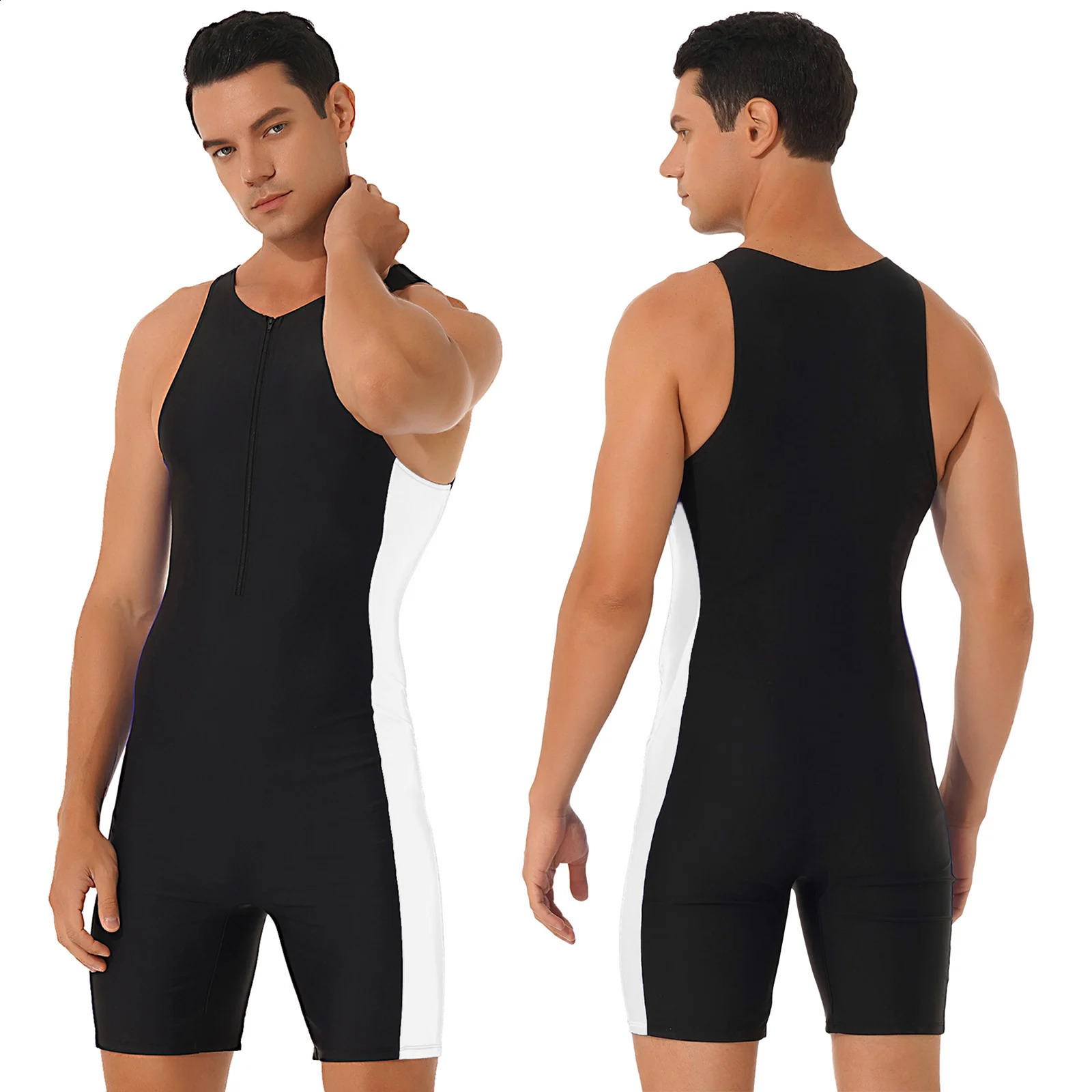 Mens Swimwear One-piece Wetsuit Swimming Bathing Suit Round Neck Sleeveless Side Shorts Bodysuit Triathlon Front Zipper Swimsuit 250108
