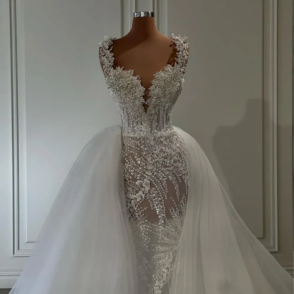 Mermaid Exquisite Wedding Dresses Sleeveless V Neck Straps Appliques Sequins Ruffles Detachable Train Pearls Or Length Bridal Gowns Custom Made