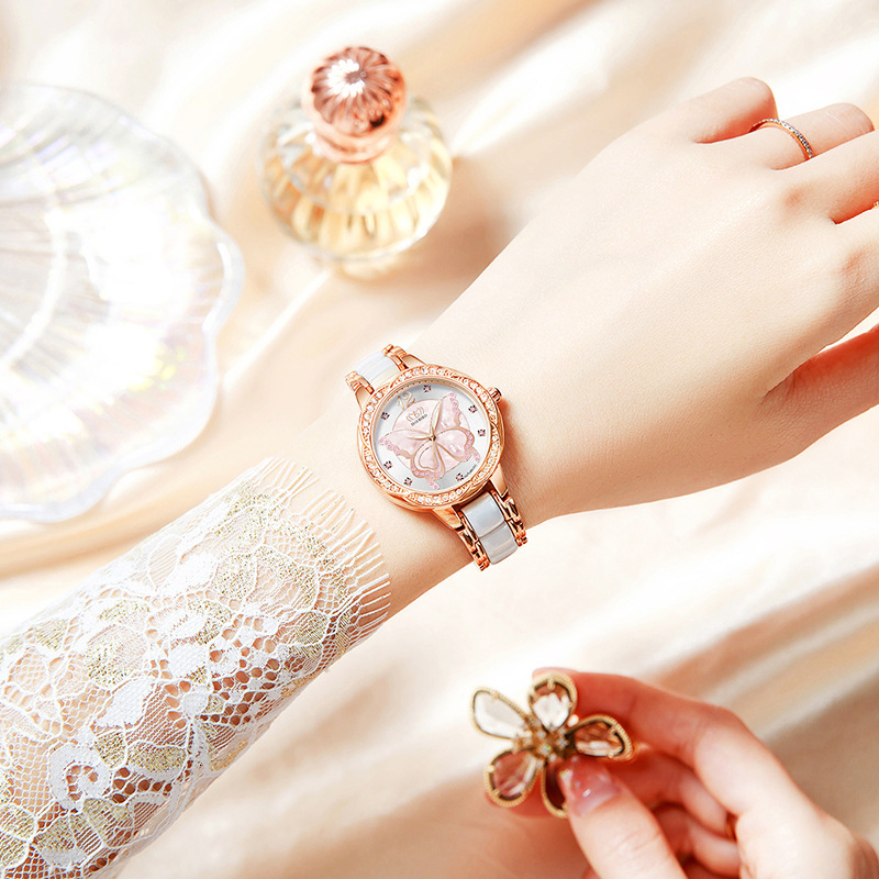 Women's Elegant Ceramic Strap Watch with Butterfly Design