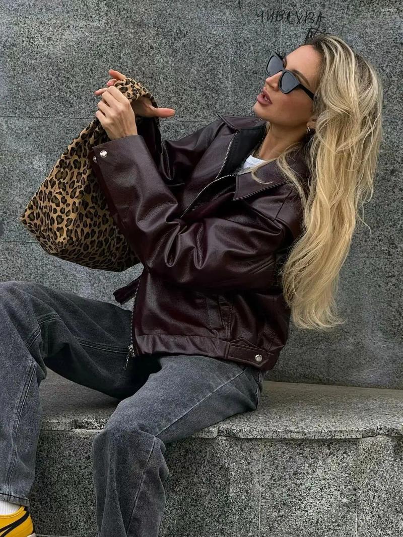 Womens Jackets Reddish Brown Faux Leather Jacket Outerwear 2025 Autumn Winter Turn-down Collar Thicken Zipper Lapel Pu Women Coats