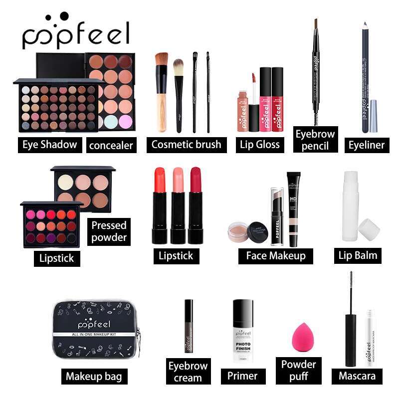 POPFEEL Complete Makeup Set - 24pcs -Warm Brown Tone Lip, Eye Face Makeup, in Long-lasting Paste Form, Gift for Women & Girls