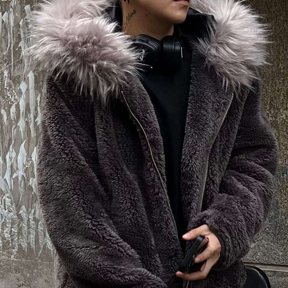 Trendy new wool collar lambskin jacket American cardigan zipper warm top 2025