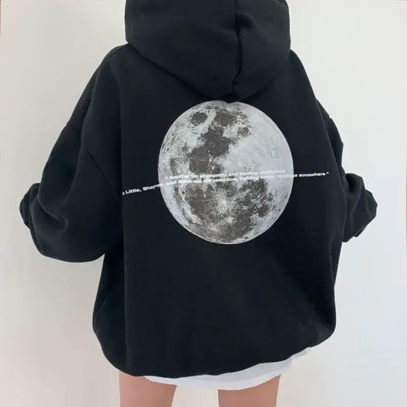 Women Hoodies Autumn Winter Cotton Hooded Shirt Moon Printed Graphic Fleece Pullover Long Sleeve Sweatshirt Men Women Clothing 250113