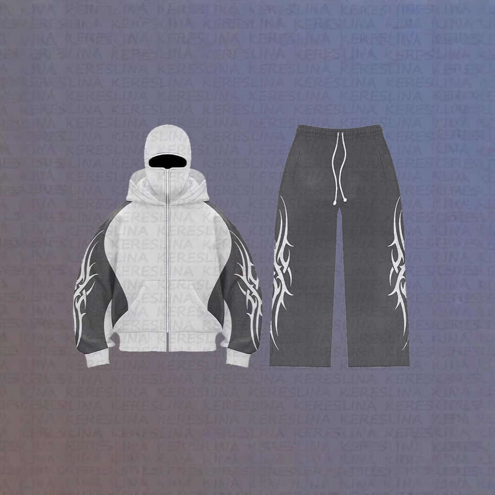 High street color blocked double hat design letter hooded cardigan autumn and winter loose Y2K hoodie set