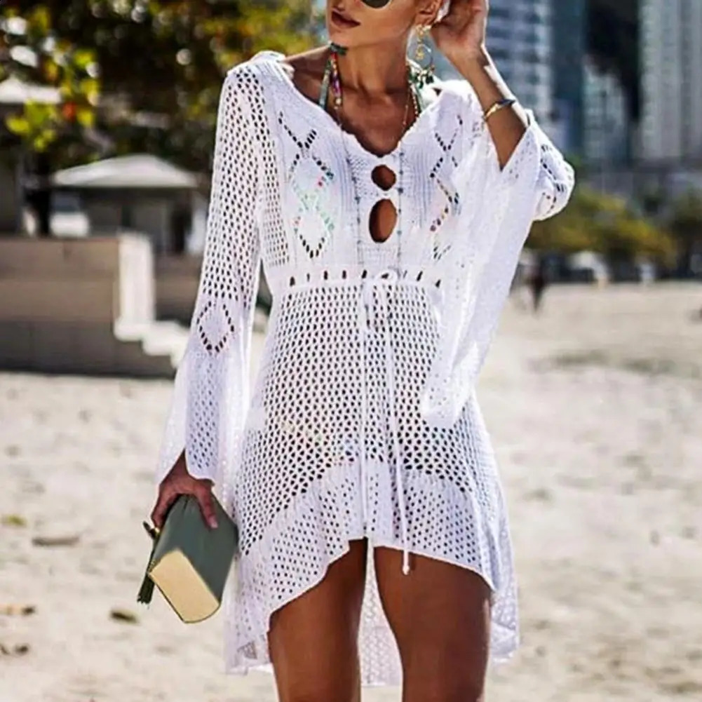 Sexy womens swimsuit beach cover hollow knit womens flannel long sleeved solid color beach dress Saida de Praia 250109
