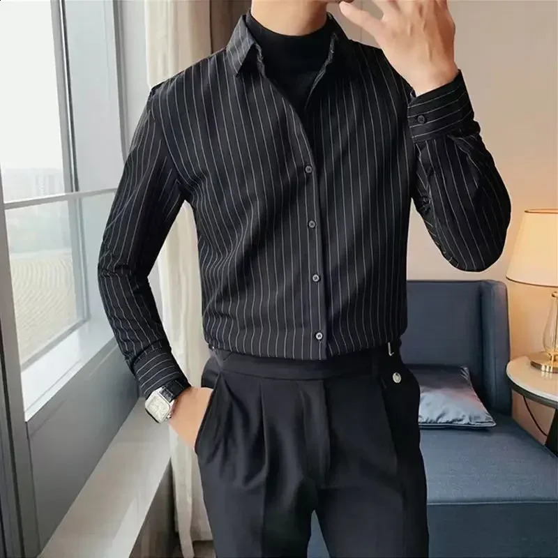 Male Top Striped Mens Shirt And Blouse Black Clothes Formal Business Stylish In Original Casual Asia Elegant 250108