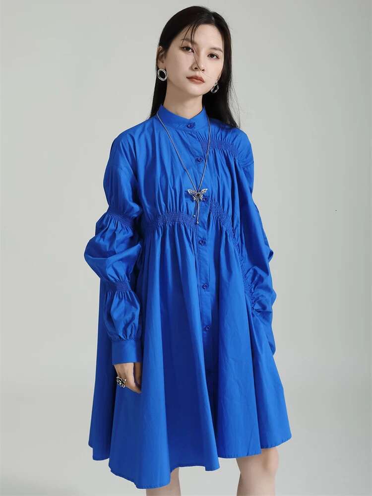 Women Blue Irregular Pleated Big Hem Shirt Dress New Stand Neck Long Sleeve Loose Fashion Tide Spring Autumn 2025 1Df9549