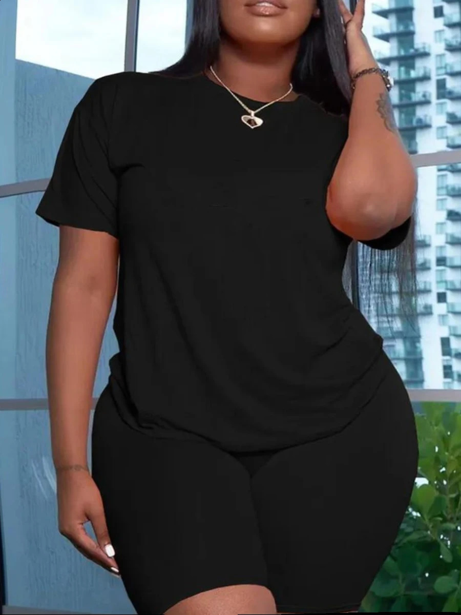 LW BASICS Plus Size Two Pieces Sets Round Neck Skinny Shorts Set 2024 IN Matching Summer Short Tshirt 250106