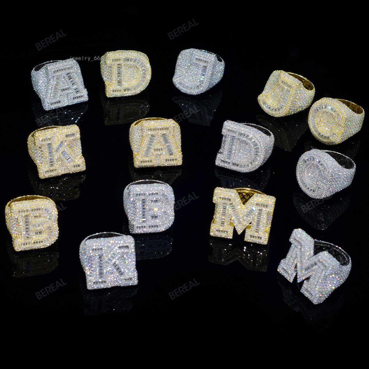 Wholesale Vvs Moissanite Hip Hop Letter Ring Iced Out Baguette Cut Gold Plated 925 Silver Fine Jewelry Rings For Men Women
