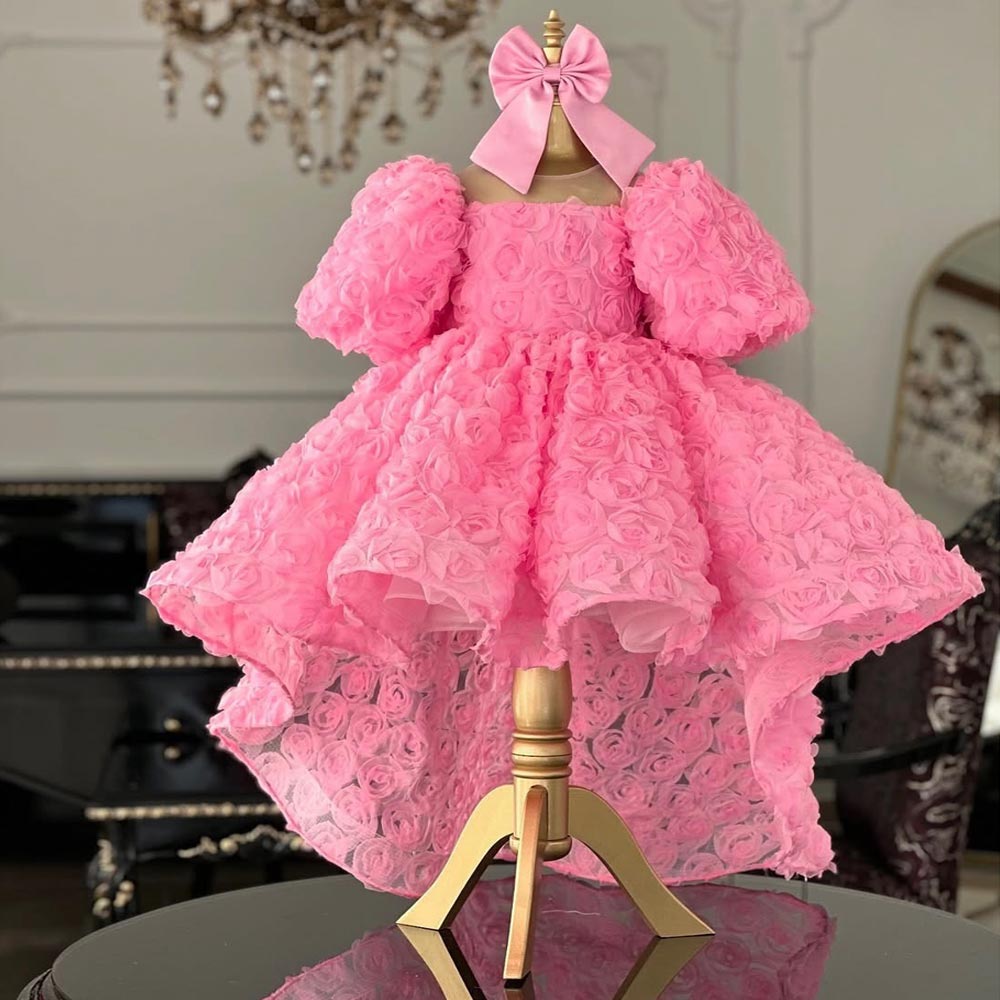 High Pink Low Princess Wer Girl Dresses For Wedding Sheer Jewel Necke Toddler Pageant Gowns Tulle Ruffled Birthday Party Dress