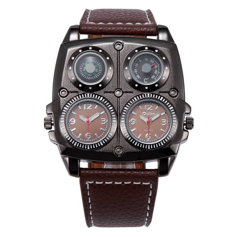 New Arrival Ohm Mens Watch Dual Zone Army Pilot Style Large Size Military Quartz Watch Mens Leather Strap Watch Z2450113