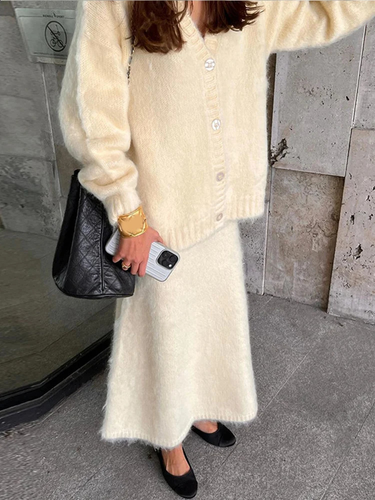 2024 Chic V-neck Mohair Cashmere Cardigan 2 Piece Set Women Elegant High Waist A-line Solid Skirt Suit Lady Fashion Knitwear 250109