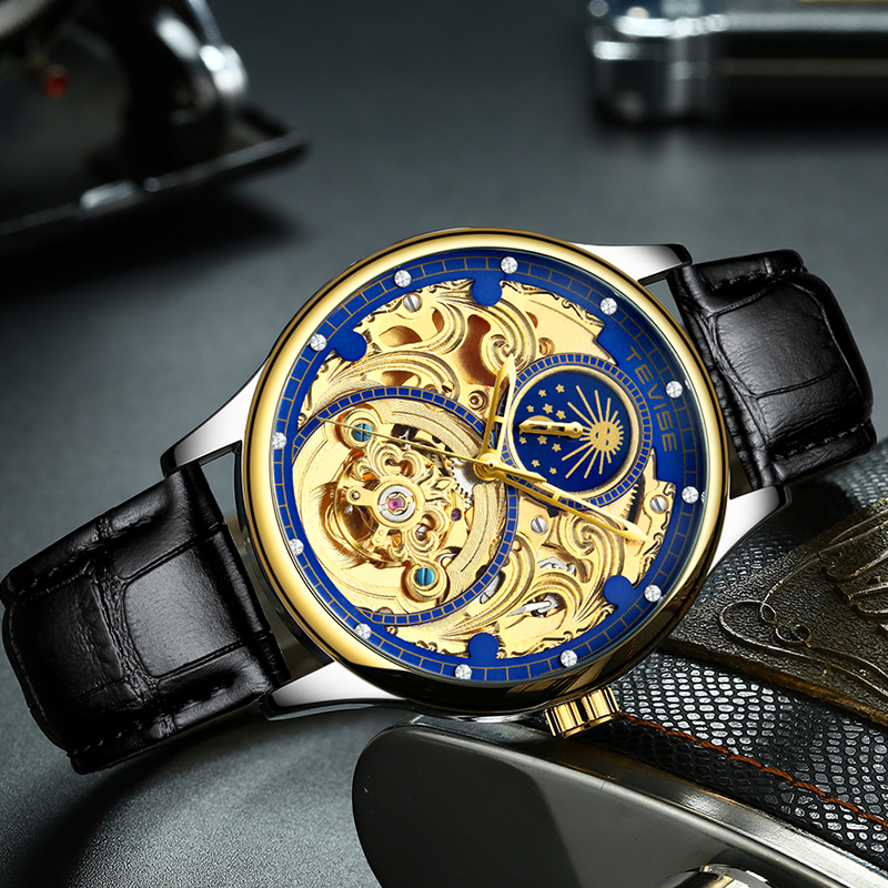 TEVISE Designer Watch Automatic Mechanical Watch Tourbillon Moon Phase Automatic Hollow Mechanical Men's Waterproof Watch T061-T820A