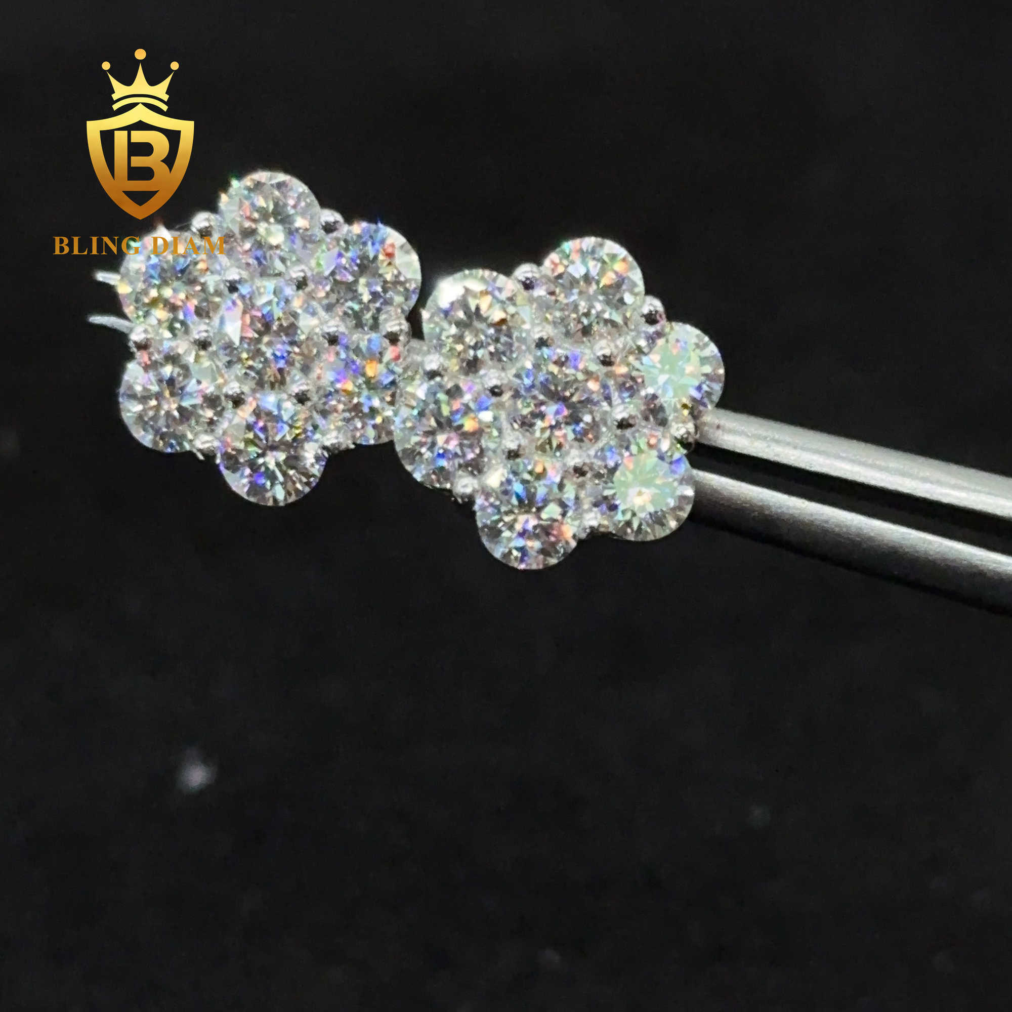 Read to Ship D VVS Moissanite Stud Earring 925 sterling silver 10k 14k 18k plated hip hop earrings earring Flower ear rings