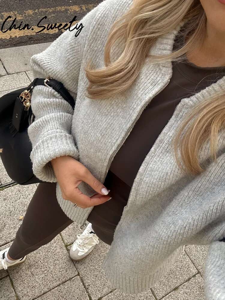 Vintage Knit Women Cardigan Casual Full Sleeve Zipper O Neck Pleated Lady Sweater 2024 Autumn Winter Slim Female Knitwear